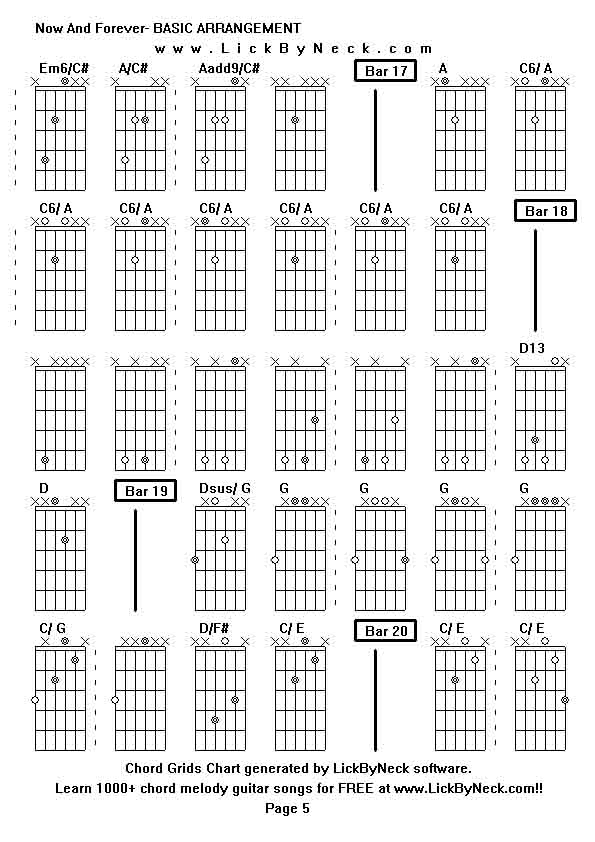 Chord Grids Chart of chord melody fingerstyle guitar song-Now And Forever- BASIC ARRANGEMENT,generated by LickByNeck software.